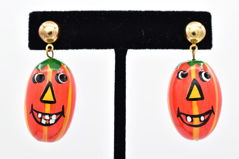 Vintage Halloween Earrings Jack O Lantern Pumpkin Funny Face Dangle 1990s BinBK